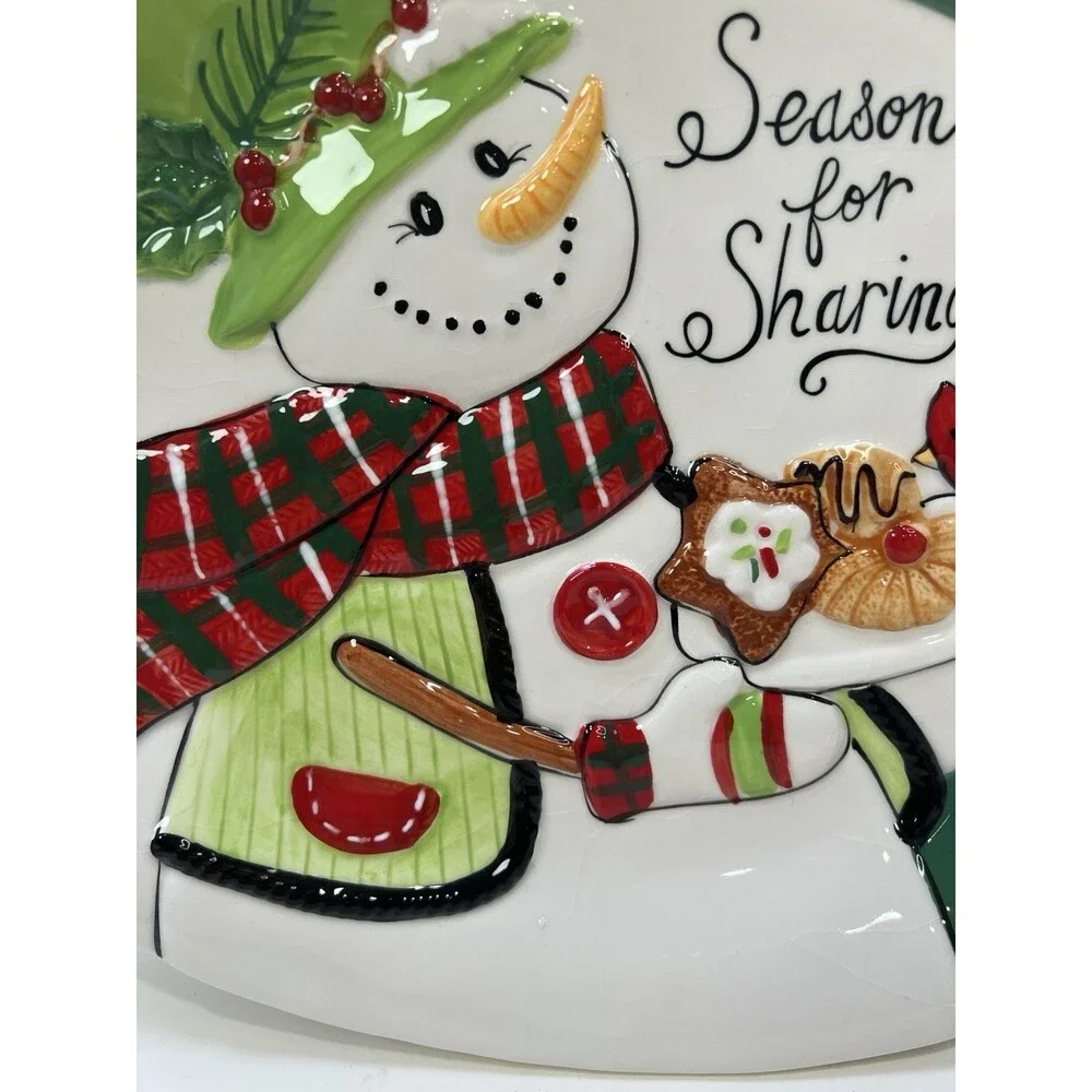 FITZ & FOYD Platter Holly Hat Snowman Christmas Wishes Embossed Cookie Tray